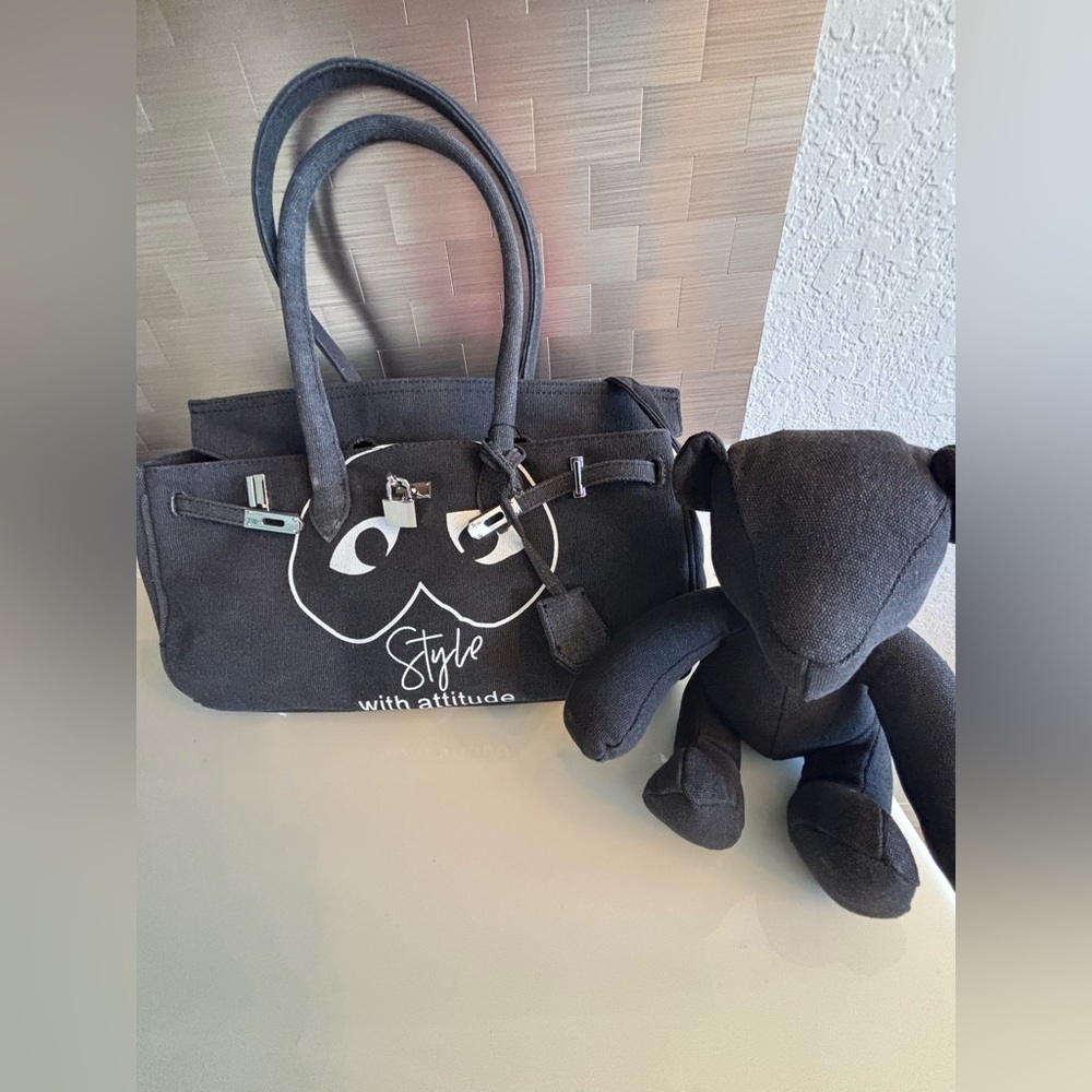 Canvas Tote Bag with Removable Strap and Bear